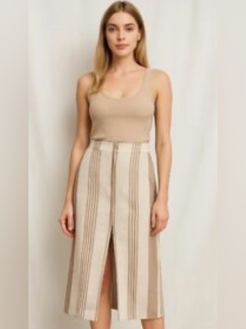 BCBGeneration Beige Striped Midi vacation Skirt with slit and pockets